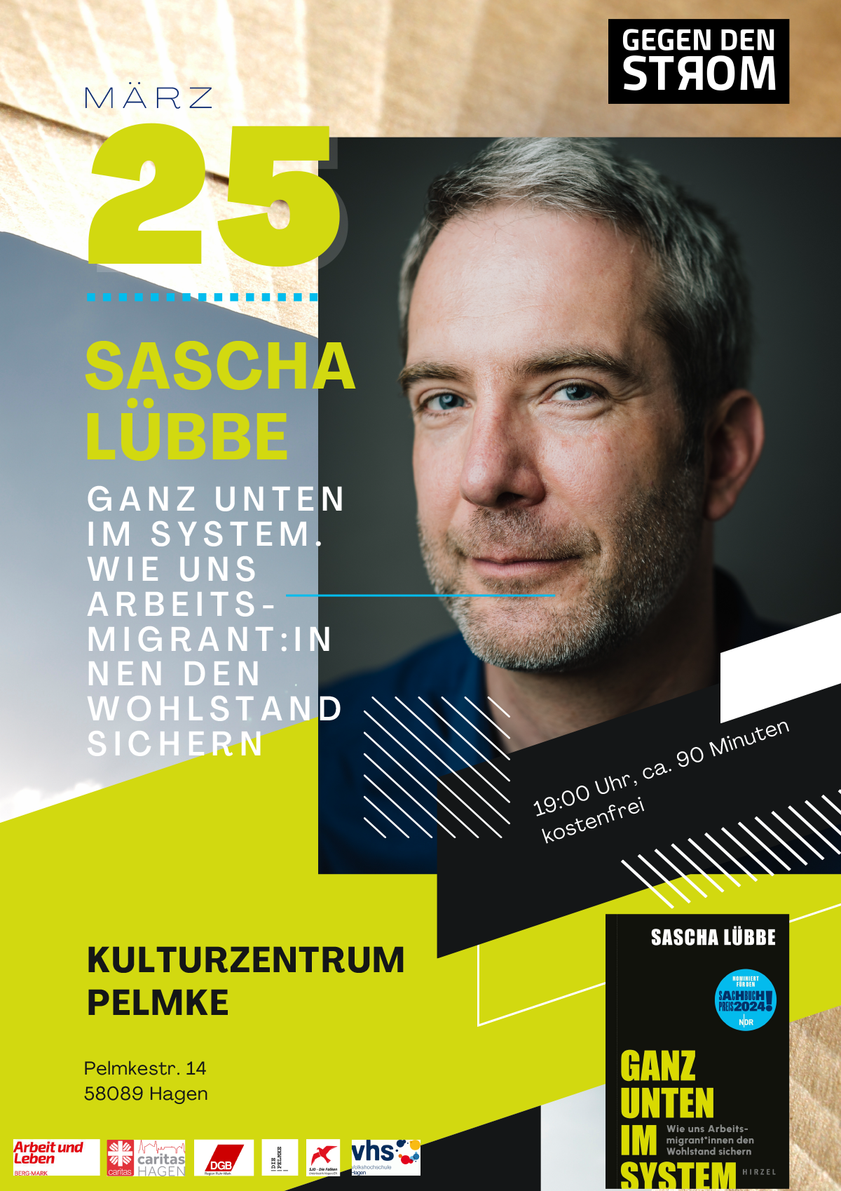 Veranstaltungsplakat für die Lesung mit Sebastian Lübbe von "Ganz unten im System"